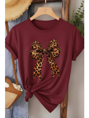 L'eivor Leopar Desenli Kurdele Baskılı Kadın Pamuk T-Shirt