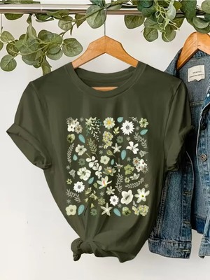 L'eivor Çoklu Çiçek Ana Renk Uyumlu Baskılı Kadın Pamuk T-Shirt