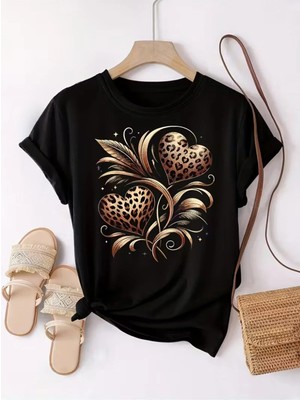L'eivor Leopar Ikili Kalp Özel Tasarım Baskılı Pamuk T-Shirt