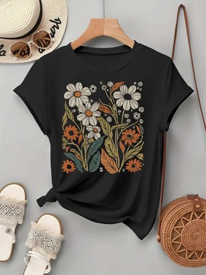L'eivor Papatya Retro Özel Tasarım Baskılı Kadın Pamuk T-Shirt