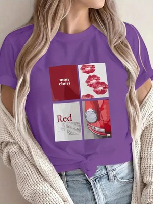 L'eivor Mon Cheri Red Baskılı Kadın Pamuk T-Shirt