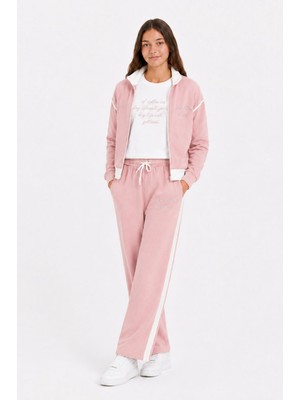 Cansın Mini Pembe Kız Çocuk Taşlı Dik Yaka Hırkalı Geniş Paça 3lü Alt Üst Takım 24737