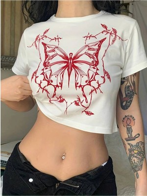 L'eivor Kelebek Özel Detay Baskılı Crop T-Shirt