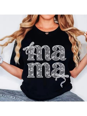 L'eivor Mama Dantel Tasarım Dijital Baskılı Kadın Pamuk T-Shirt