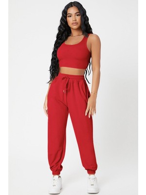 Aesco Kadın Kırmızı Kaşkorse Cepli Jogger Eşofman Altı ve Crop Top Bluz