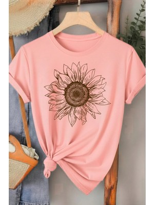 L'eivor Bej Ay Çiçeği Özel Tasarım Baskılı Kadın T-Shirt