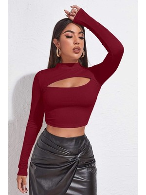 Aesco Kadın Bordo Göğüs Dekolteli Uzun Kollu Cut Out Crop Top Bluz