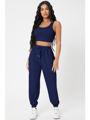 Aesco Kadın Lacivert Kaşkorse Cepli Jogger Eşofman Altı ve Crop Top Bluz