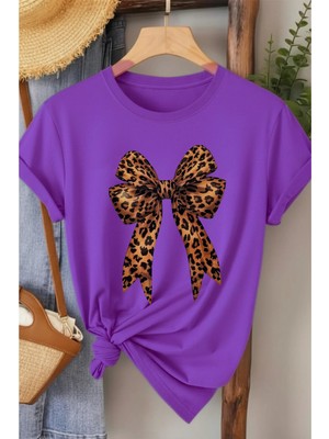 L'eivor Leopar Desenli Kurdele Baskılı Kadın Pamuk T-Shirt