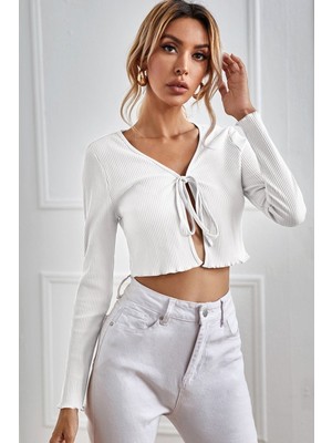 Aesco Kadın Beyaz Uzun Kollu Önden Bağlama Detaylı Crop Top Bluz
