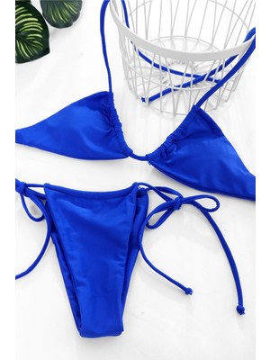 Aesco Kadın Mavi Yandan Bağlamalı Tangalı Üçgen Bikini Mayo Takımı