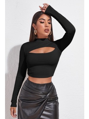 Aesco Kadın Siyah Göğüs Dekolteli Uzun Kollu Cut Out Crop Top Bluz