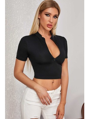 Aesco Kadın Siyah Yarım Fermuarlı ve Kısa Kollu Crop Top Bluz