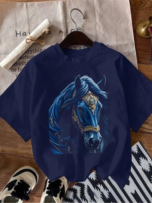 L'eivor Özel Tasarım Gece Mavisi At Baskılı Kadın % 100 Pamuk Lacivert T-Shirt