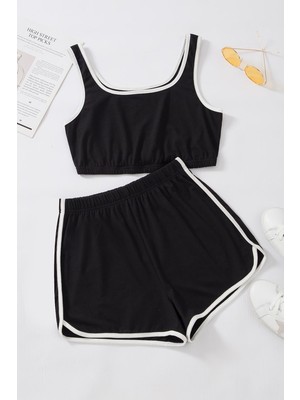 Aesco Kadın Siyah Askılı Crop Top ve Şortlu Gecelik Takım