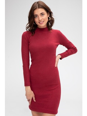 Aesco Kadın Bordo Kaşkorse Balıkçı Yaka Uzun Kollu Bodycon Mini Elbise