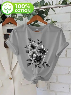 L'eivor Gri Çiçek Tasarım Baskılı Kadın Pamuk T-Shirt