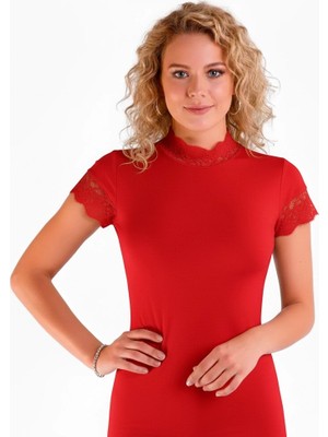 Aesco Berrak Kadın Dantelli Kısa Kollu Elastan Bluz 2144