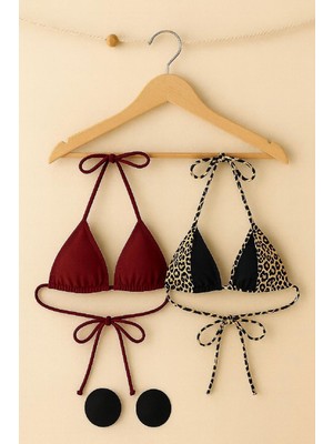 Aesco Kadın Leopar Desenli ve Bordo Minimal Kesim Üçgen Bikini Üstü