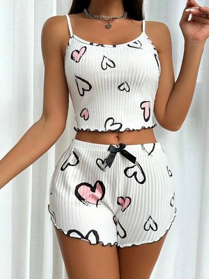 Aesco Beyaz Kalp Desen Detaylı 2li Pijama Takımı