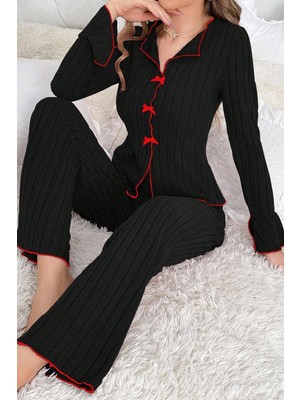 Aesco Kadın Siyah Kırmızı Biyeli ve Fiyonklu Uzun Kollu Mevsimlik Pijama Takımı