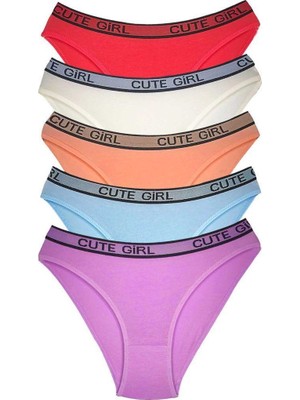 Aesco 5 Adet Beli Yazılı Pamuklu Kalın Lastik Kadın Slip Külot