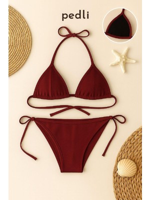 Aesco Kadın Bordo Yandan ve Boyundan Bağlamalı Bikini Mayo Takımı