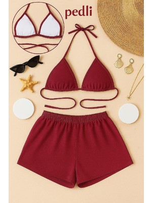 Aesco Kadın Bordo Şortlu Belden ve Boyundan Bağlamalı Bikini Takımı