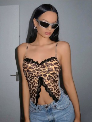 Aesco Kadın Leopar Desenli Crop Önden Dantel Detaylı 5095