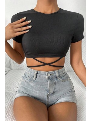 Aesco Kadın Siyah Yarım Kol Çapraz Bağlamalı Crop Top Bluz