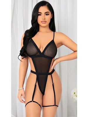 Aesco Siyah Ip Detaylı Tül Fantezi Body