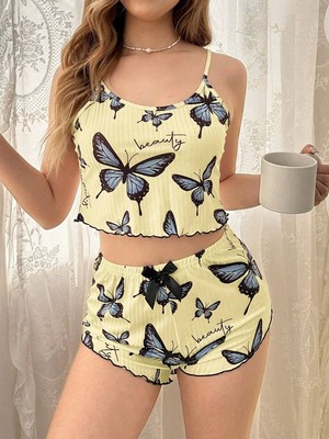 Aesco Kadın Sarı Kelebek Desenli Askılı Şortlu Ribana Pijama Takımı,rahat ve Şık Ev Giyim,kadın Pijama