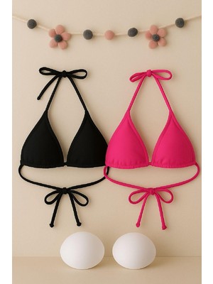 Aesco Kadın Siyah ve Fuşya Minimal Kesim Üçgen Bikini Üstü