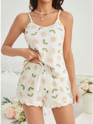 Aesco Kadın Ekru Çiçek Baskılı Şortlu Gecelik Pijama Takımı 5047