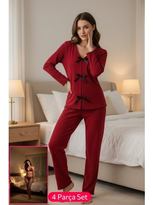 Aesco Kadın Bordo Fiyonklu Iç Çamaşırı ve Uzun Kollu V Yaka Pijama Takımı 4'lü Set