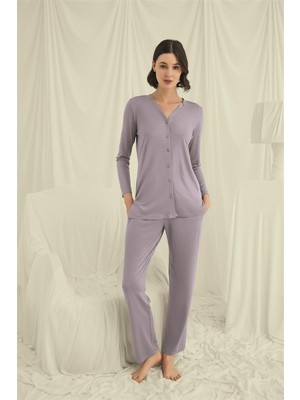 Aesco Uzun Kollu Düğmeli V Yaka Pijama Takımı