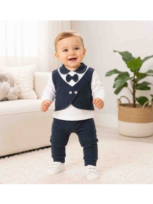 Babys Tasarım Erkek Bebek Papyon Detaylı 2'li Takım Uzun Kollu Şık Bebek Takımı