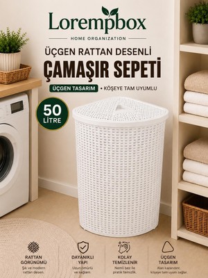 Lorempbox 50 Litre Üçgen Rattan Desenli Çamaşır Sepeti Köşe Uyumlu Beyaz