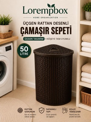 Lorempbox 50 Litre Üçgen Rattan Desenli Çamaşır Sepeti Köşe Uyumlu Kahverengi
