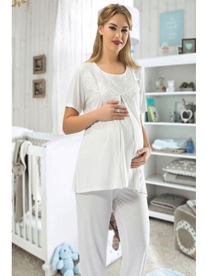 Sistina Aconcept Ekru Hamile ( Lohusa ) Pijama Takımı - 1606 - Beden M