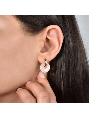14 Ayar Altın Kaplama Gerçek ve Doğal Donut Rose Quartz Taşlı Halka Küpe - ES00153