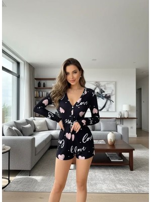 Aesco Kadın Siyah Kalp Desenli Love Yazılı Pijama Tulumu Yumuşak Rahat Ev Giyimi Özel Tasarım