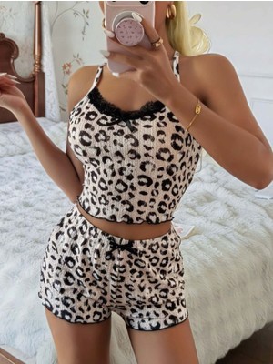 Aesco Kadın Leopar Detaylı  Şortlu Pijama Takım 5187