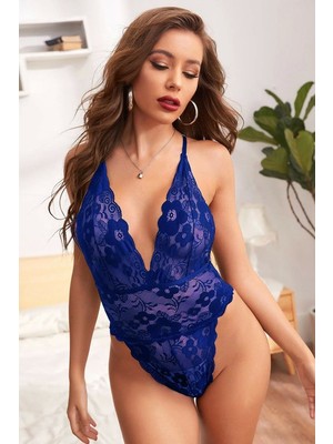 Aesco Kadın Mavi Zarif Dantel Sırtı Ip Askılı Babydoll Gecelik