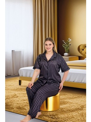 Aesco Büyük Beden Şık Tasarım Siyah Çizgili Düğmeli Kısa Kol Lüx Saten Pijama Takımı