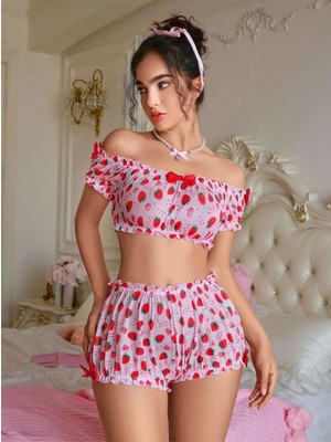 Aesco Kadın Pembe Çilek Desenli Sexy Kostüm 8014