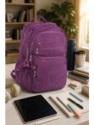 İmaks Büyük Boy 47 cm Krinkıl Su Geçirmez Hafif Çok Gözlü Spor, Seyahat, Okul, Laptop Sırt Çantası Mor 9-1b