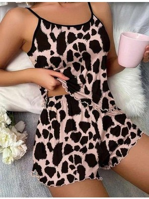 Aesco Leopar Desenli Askılı Şortlu Pijama Takımı