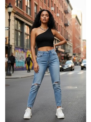 Aesco Kadın Siyah Fit Görünümlü Tek Omuz Crop Top Büstiyer