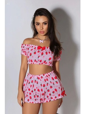 Aesco Kadın Pembe Çilek Desenli Şortlu Pijama Takımı